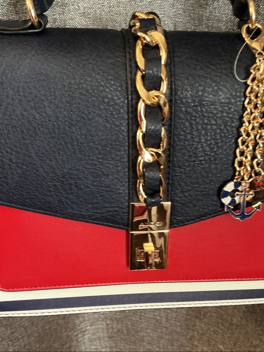ALDO Navy, Red & White Striped Chain-Accent Satchel - Picture 3 of 7